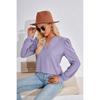 Women's Solid Color V-neck Jacquard Long Sleeve Loose T-shirt Top, Autumn Winter Casual Wear for Europe America Cross-border