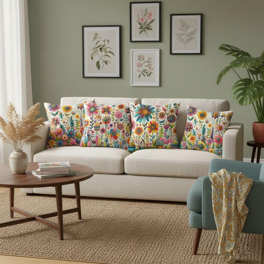 4Pcs Colorful Hand Drawn Flower Art Printed Pillow Cover Polyester Cushion Case 2D Flat Printing Pillowcase Boho Fun Vibe