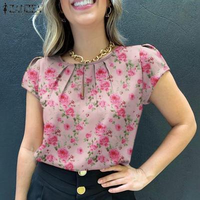 Womens Floral Print Short Sleeve O-neck Summer Blouse