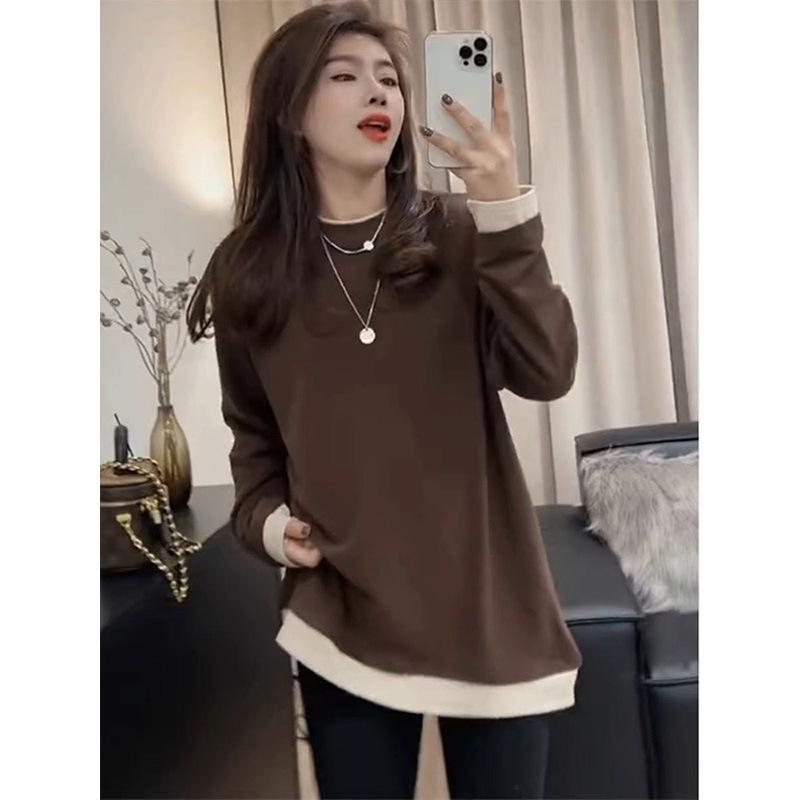 2026 Spring/Fall Faux Two-Piece Long Sleeve Women's Thick Mid-Length Loose T-shirt