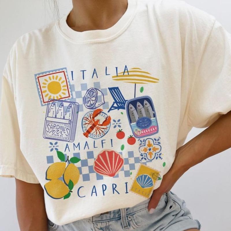 T-shirt Grafica Capri Italia Retro Divertente Camicia Vacanza Frutti di Mare Manica Corta Girocollo Top Casual Abbigliamento Donna Oversize