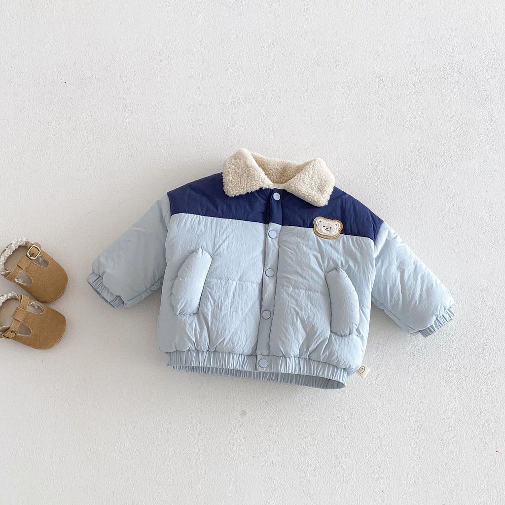 Boys Winter Puffer Jacket Korean Style Color Block Coat Thick Warm Bear Outerwear for Kids