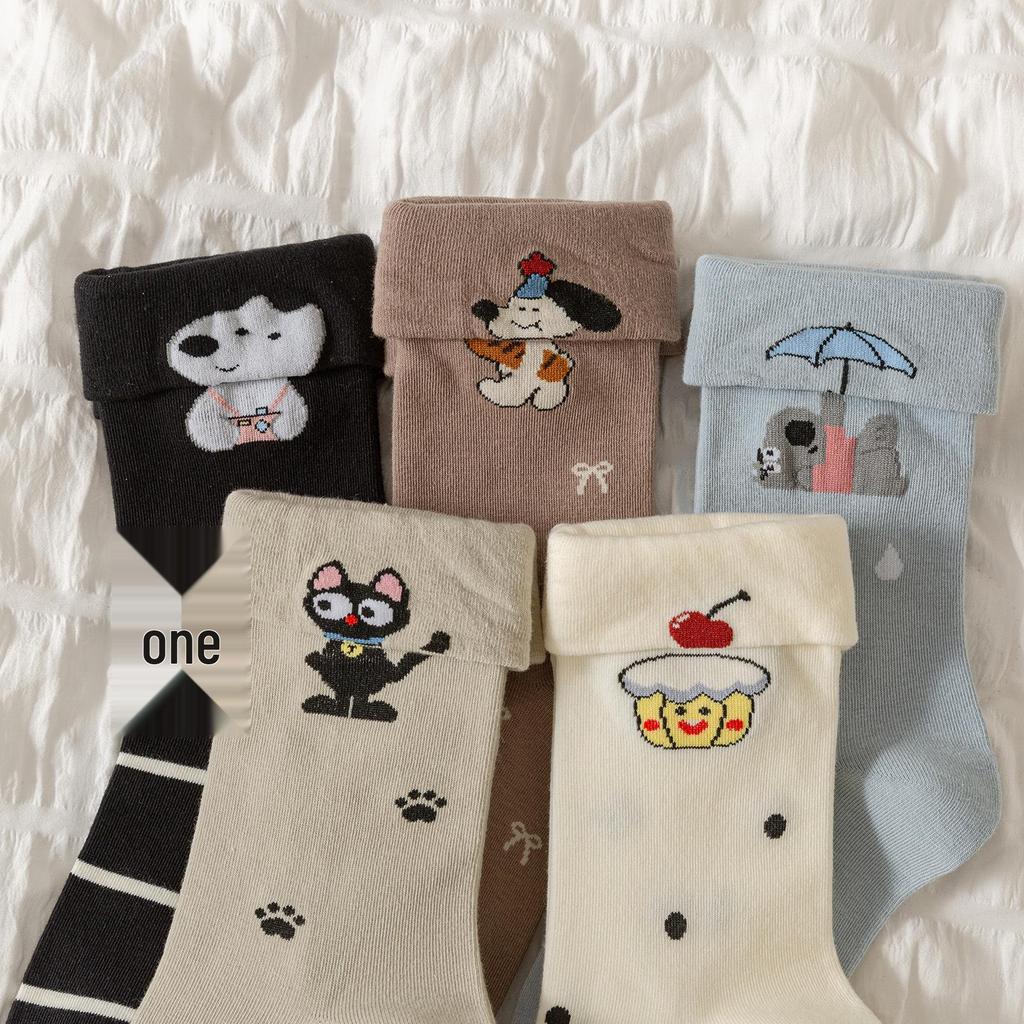 Women's 3D Cartoon Animal Polka Dot Mid-Calf Socks, Korean Sporty Academy Style
