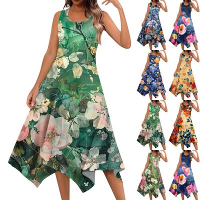 Abito Midi da Donna Casual alla Moda Girocollo Senza Maniche Orlo Irregolare Stampa Floreale
