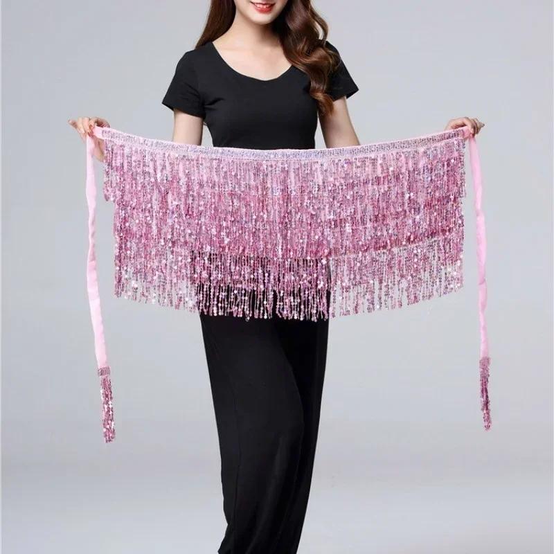 Belly Dance Waist Chain New Glitter Layer Tassel Waist Cover Indian Dance Performance Practice Strap Hip Scarf Skirt Waist Scarf