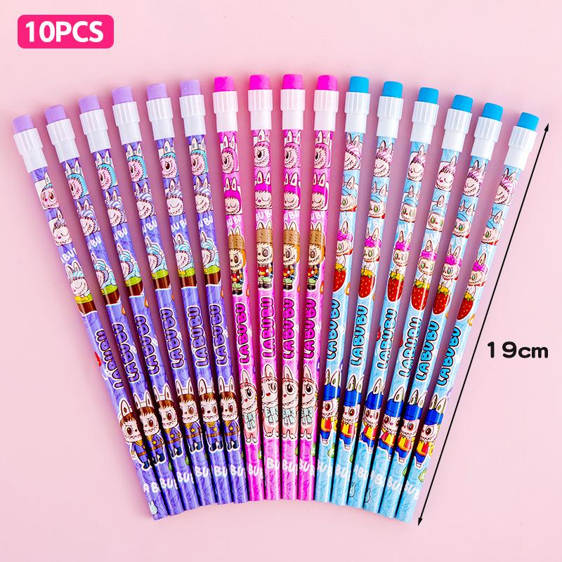 10Pcs Wooden Pencils With Eraser Cartoon Pencils With Colorful Eraser Office Supplies Student Stationery Birthday Gifts