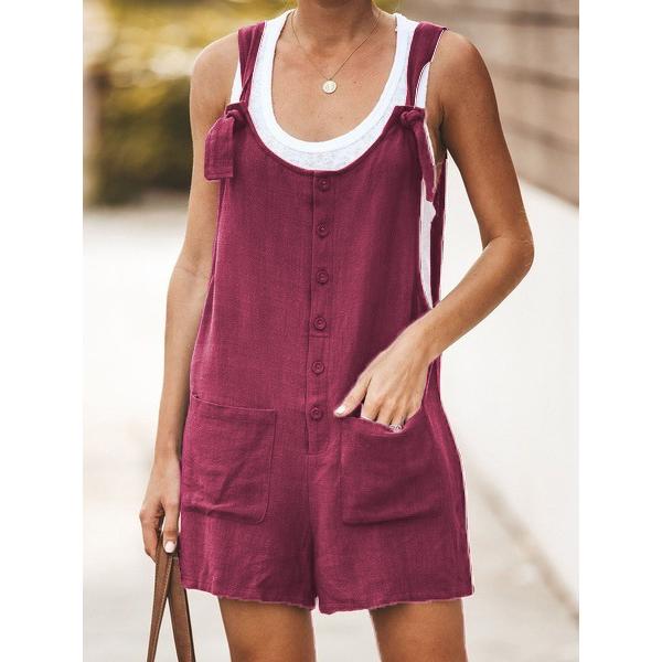 Summer Women's Jumpsuit Solid Color Patch Pockets Lace-up Cotton Linen Straps Shorts