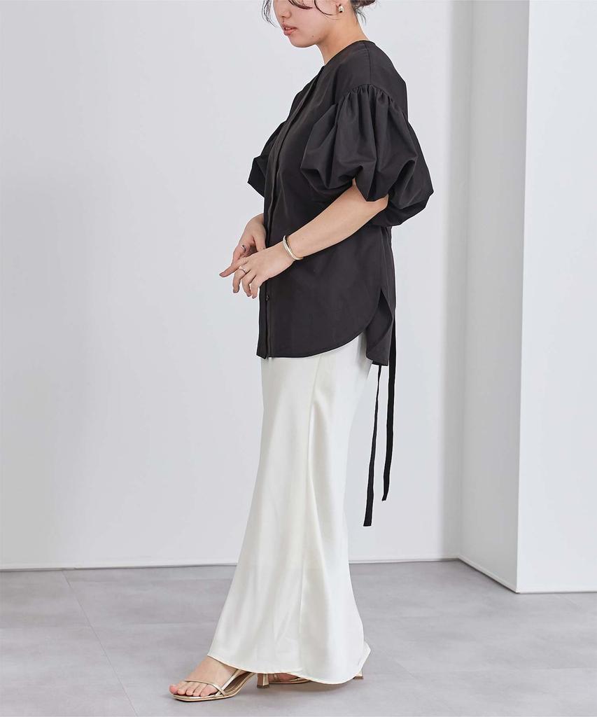 Yours Belted Collarless Balloon Sleeve Blouse BFXU1802 Small Black Women's
