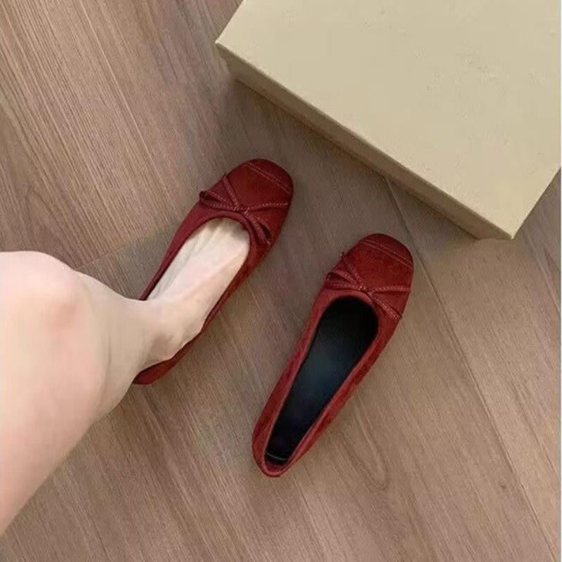 Mary Jane Shoes for Women Slip-on Round Toe with Bow Red Woman Flats 2025 Summer Young Casual Elegant Dress Quick Delivery Chic