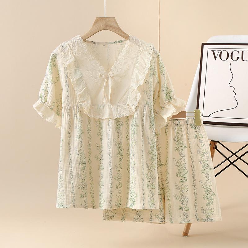 Crepe Cotton Yarn Crew Neck Print Sweet Age-reducing Women's Summer Short-sleeved Shorts Set Pajamas Loungewear