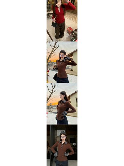 2025 Women's Autumn Two-Piece Plaid Polo Collar Long Sleeve T-Shirt