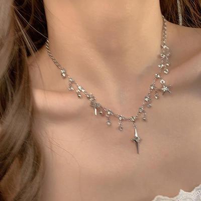 Pledge Star Necklace Four-star Flash Diamond Atmosphere Water Drops Necklace Chain Sweet Cool Neck Chain New Trend Cross
