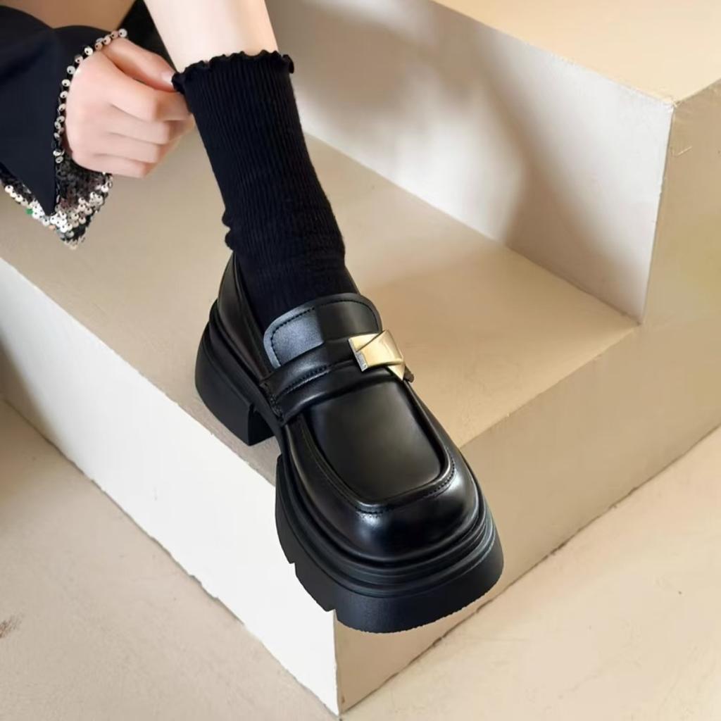 Black platform British style small leather shoes women's retro Mary Jane one-pedal loafers single shoes 2025 spring and autumn new