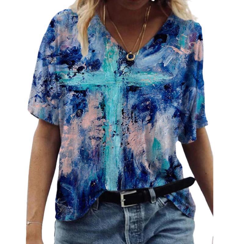 Women's T-shirt 3D Pattern Printed Casual Short Sleeved V-Neck Top Fashionable Street Women's Clothing
