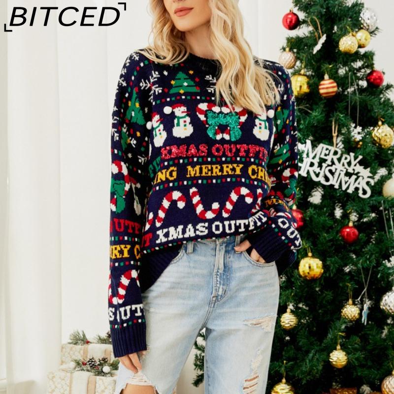 BITCED Oversized Knit Sweater Fall/Winter Christmas Tree O-Neck Sweater Little Snowman Sequined Christmas Sweater