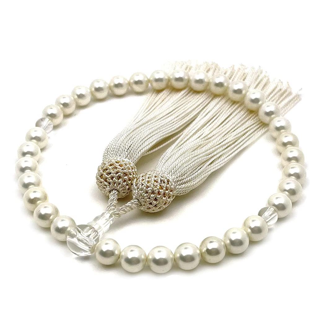 Eizen Nenjuya Women's Prayer Beads (Shell Pearl) with Silk Tassel, White [Nishijin Woven, Prayer Beads Bag Included] Suitable for All Sects, Handmade