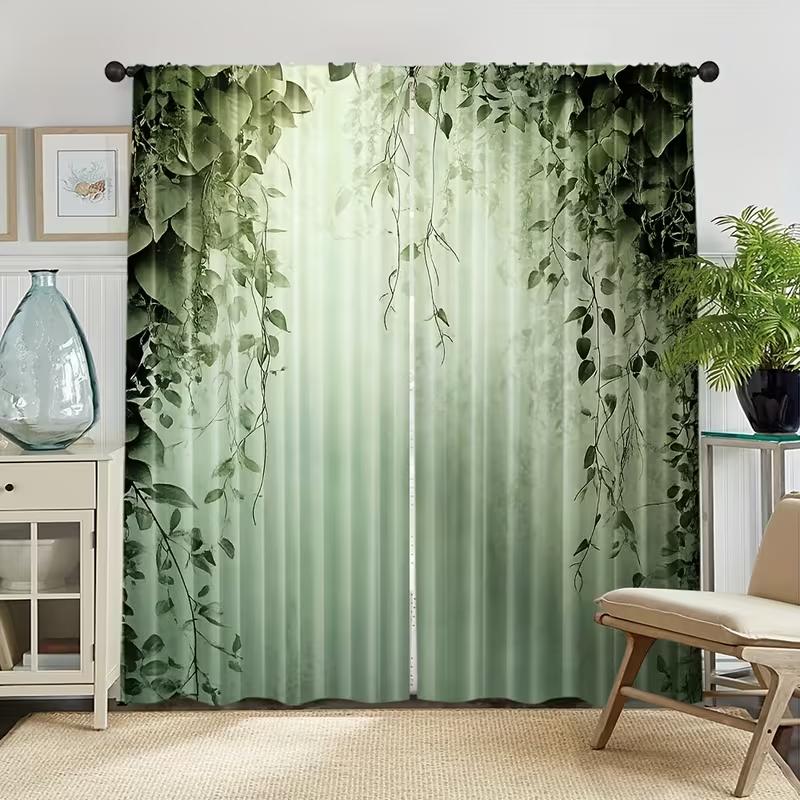 2PC Green Vine Leaf Curtains Jungle Botanical Print Light Filtering Drapes Nature Bohemian Home Decor for Living Room Bedroom