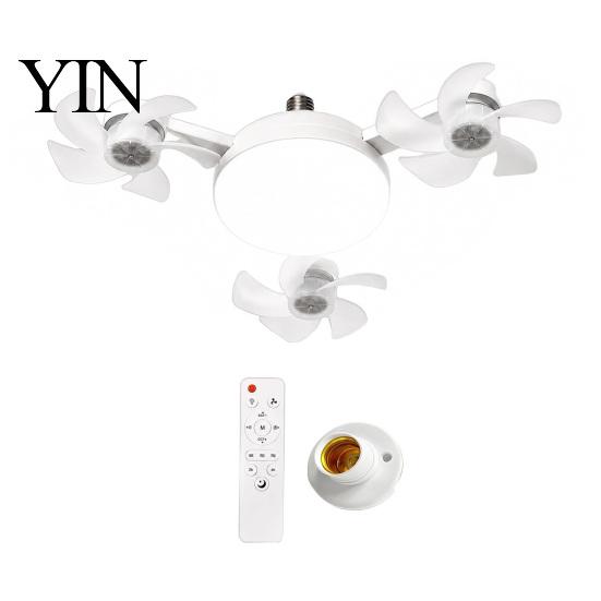 E27 Socket Fan 3/4/5 Blade Ceiling with Light & Remote Control, 2-in-1 Silent LED Drone Compact Ventilation Lamp Foldable Blades, 3-Speed Dimmable for