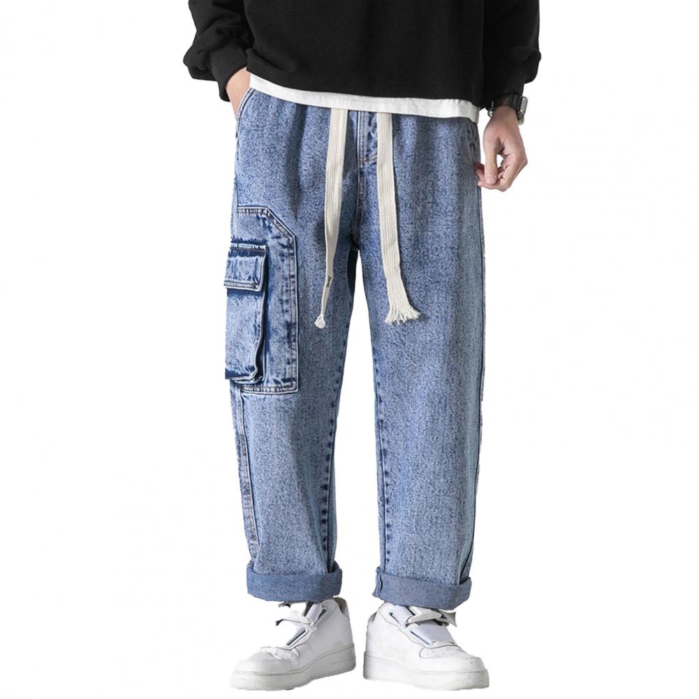 Men Summer Casual Jeans Elastic Drawstring Waist Straight Wide Leg Denim Pants Multi Pockets Design Long Trousers Streetwear