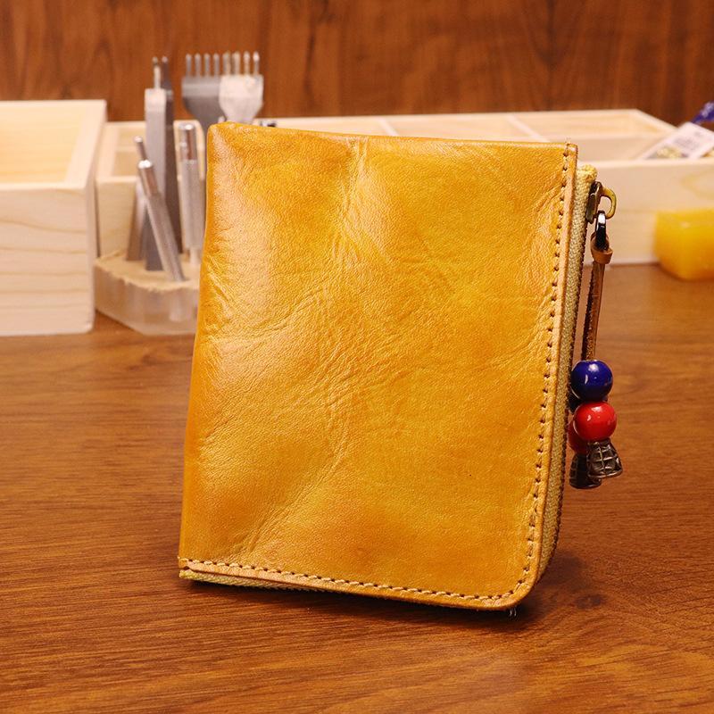 Head Layer Cowhide Wallet for Men, Vintage Vintage Vintage Tanned Leather Wallet for Women, Minimalist Japanese Zipper Wallet