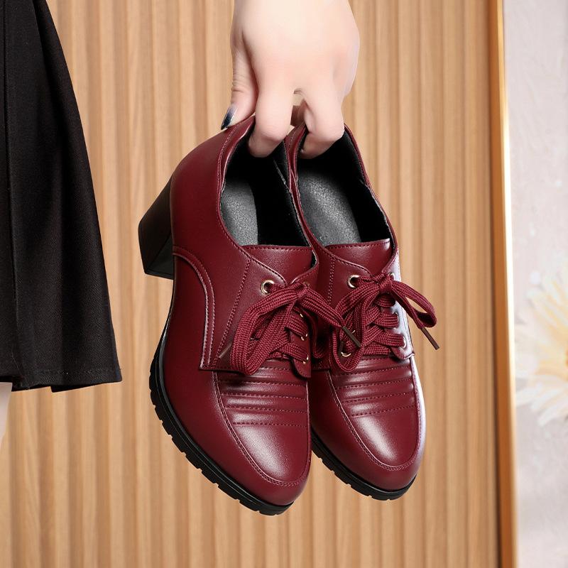 Mode Bequeme Weiche Lederschuhe Damen Plateau Pumps 2024 Frühling Schnürschuhe Block Mittelhohe Absätze Schuhe Oxfords Für Büro Mutter Arbeit