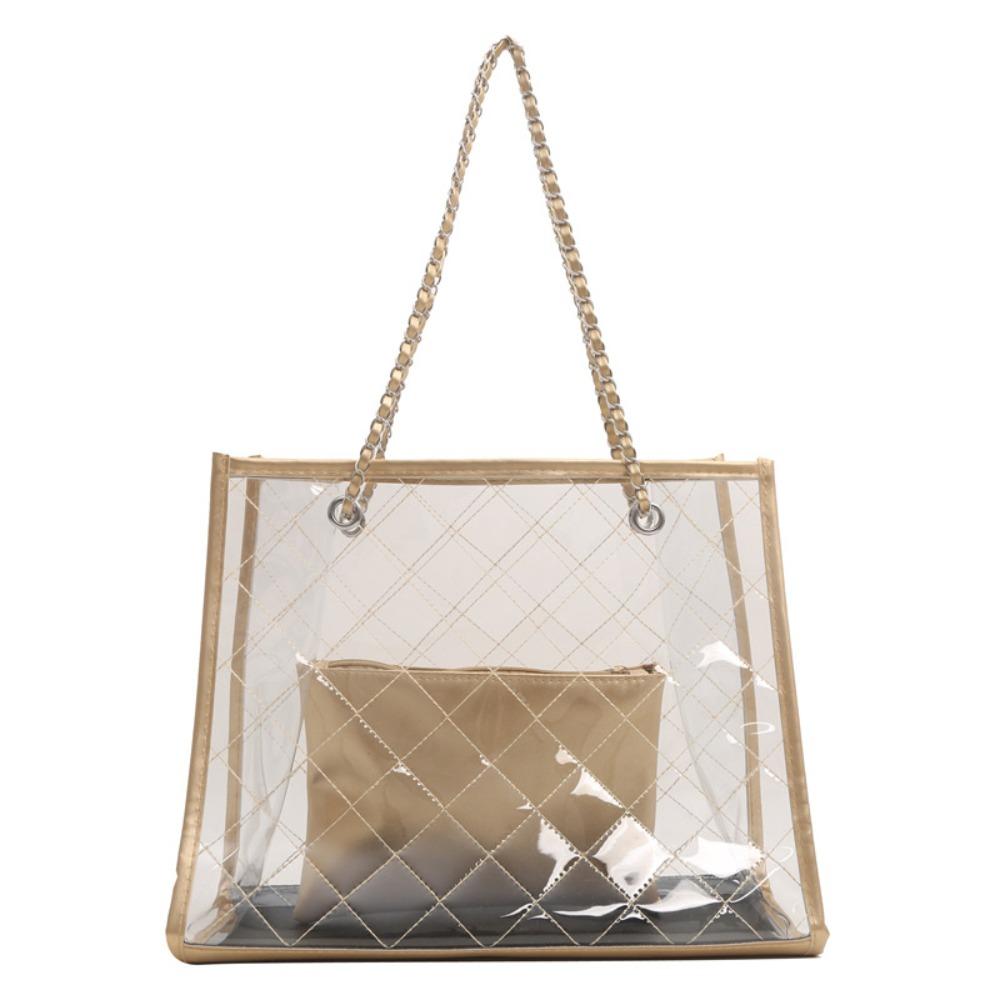 

Korean Style Transparent Shoulder Bag Large Capacity Beach Portable Tote Girls Gift Brown&Gold