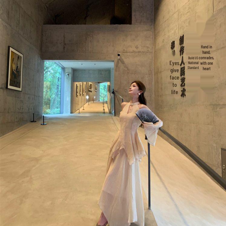 Elegant Chinese Style Set: Off-Shoulder Irregular Shirt and Ruffled Gauze Skirt for Mature Women
