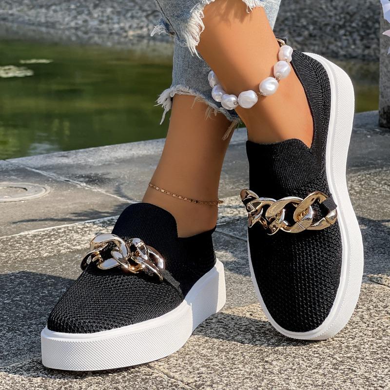 Fashion Plus Size Women's Shoes Autumn New Round Toe Deep Mouth Flyweave Mesh Breathable Metal Chain Platform Single