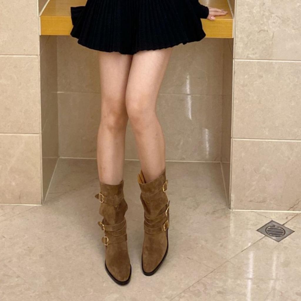 Cowhide Version~ Retro Maillard Western Cowboy Boots Belt Buckle Suede Knight Short Boots Thick Heel Thin Medium Boots