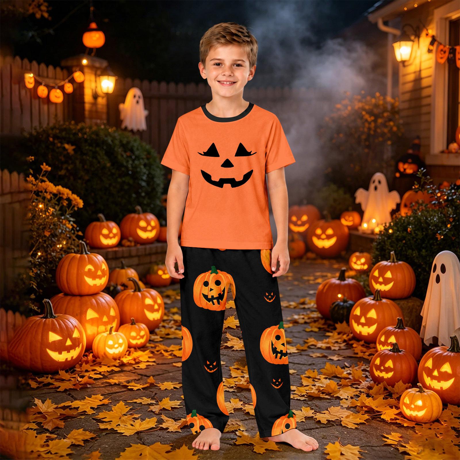 Matching Family Halloween Printed Short Sleeve Loungewear Set for Parents and Kids 9 Years