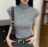 2025 Women's Slimming Korean Style Solid Color Half High Neck Short Sleeve T-shirt for Early Autumn