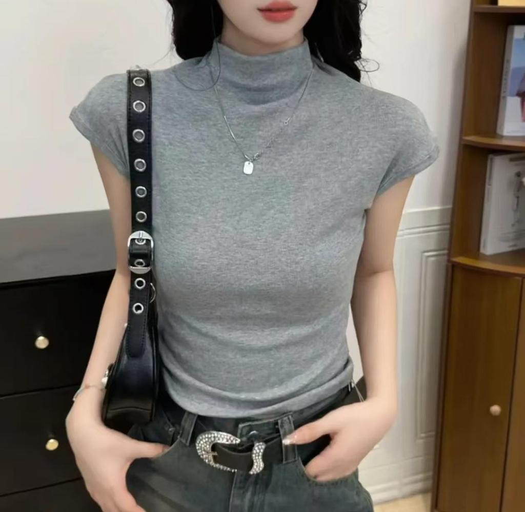 2025 Women's Slimming Korean Style Solid Color Half High Neck Short Sleeve T-shirt for Early Autumn