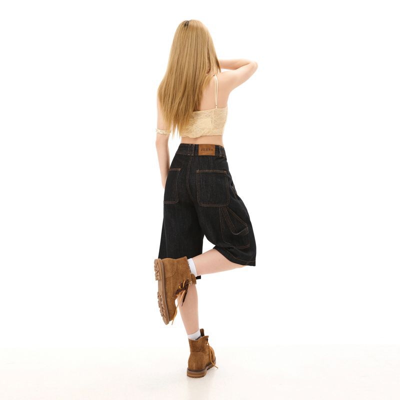 Fashion Summer Vintage Cargo Wide Leg Denim Cropped Capri Pants Loose Straight Trendy Slimming Functional Design