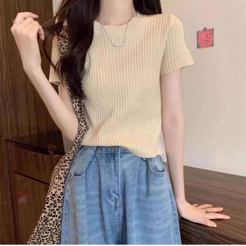 

Women s Ice Silk White Knit Short Sleeve Top - Slim Summer Design XL