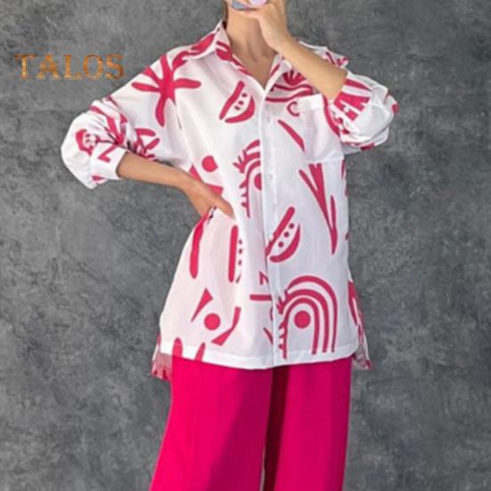 2 Pcs/Set Women Shirt Pants Set Long Sleeves Printed Lapel Collar Chest Pocket Single-breasted Blouse Stretchy Waist Side Split Pants Set Casual