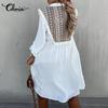 Celmia Spring Autumn Women's Fashion Lace Printed Midi Dress Ruffle Long Sleeve Lace-up Casual Loose Short Dresses Vestidos Plus Size