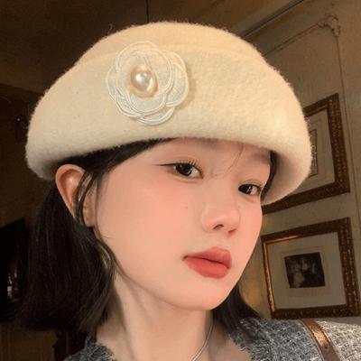 Camellia Flower Woolen Bucket Hat Pearl Wool Fisherman Hat Retro Basin Hat  Winter
