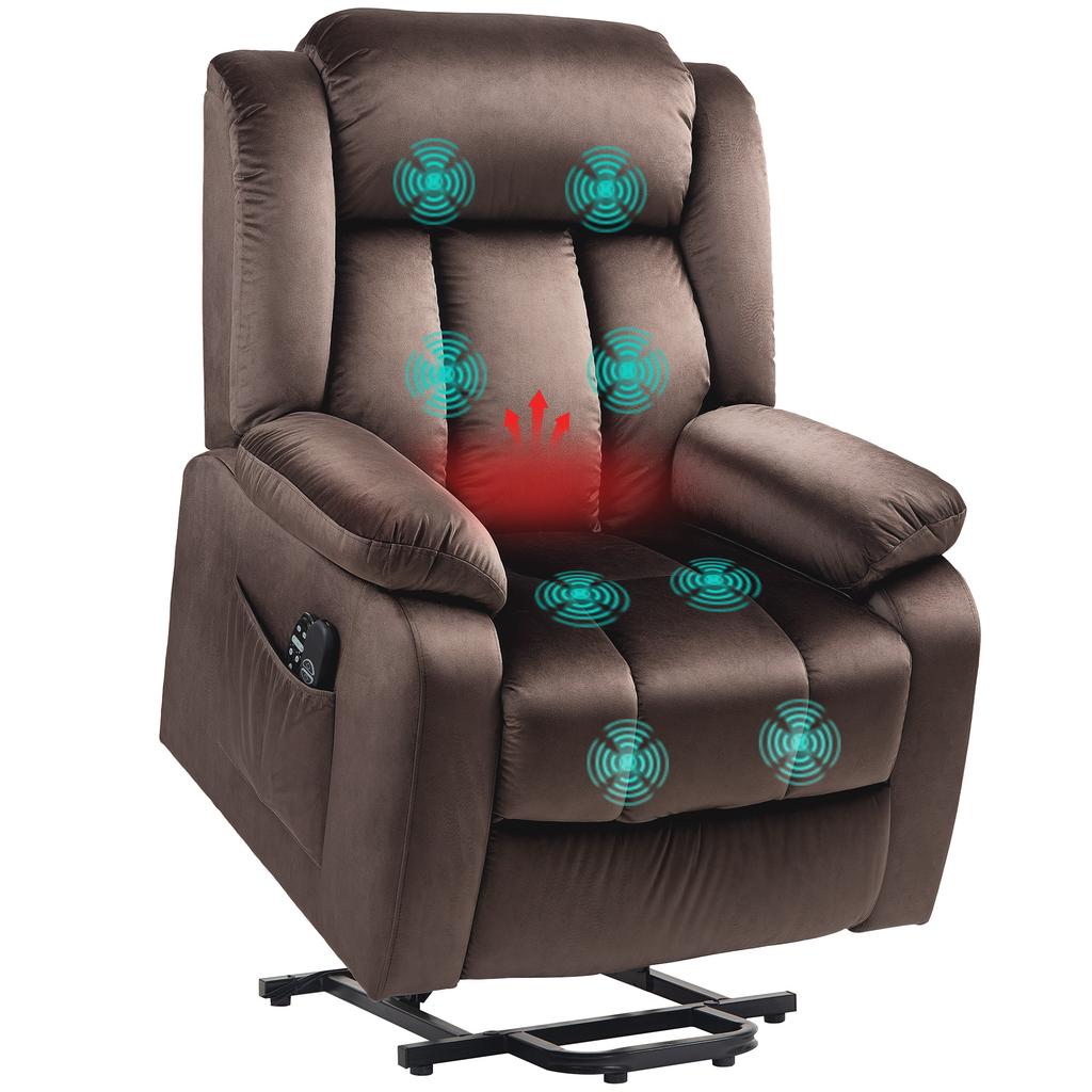 Sillón Elevador Reclinable con Función de Masaje y Calefacción Lumbar, Sillón Reclinable con Mando a Distancia y Bolsillos Laterales, Marrón