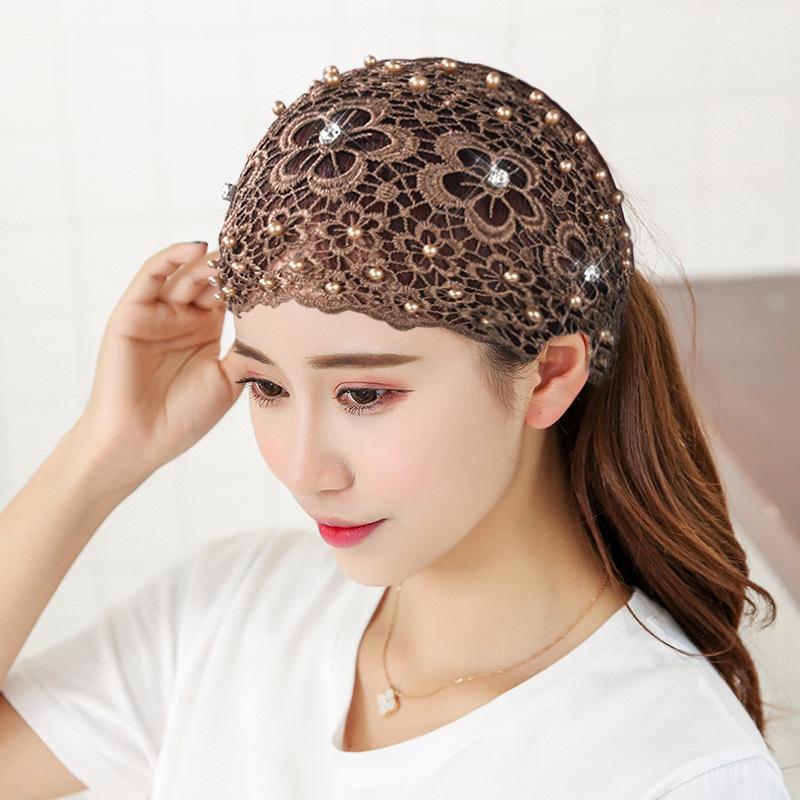 Beaded Headband: Women's Hollow Breathable Lace Wide-Brim Headscarf & Forehead Protector Hair Tie.