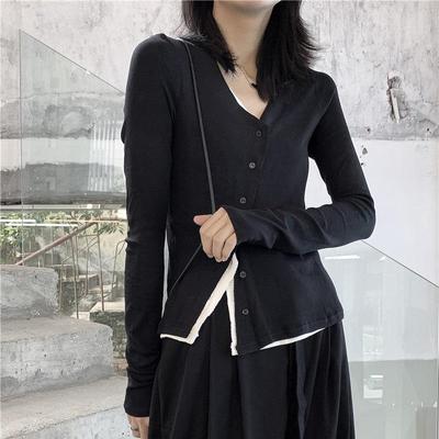 Women's 2024 Slim Fit Knit T-Shirt: Fake Two-Piece, Long-Sleeve for Spring & Autumn