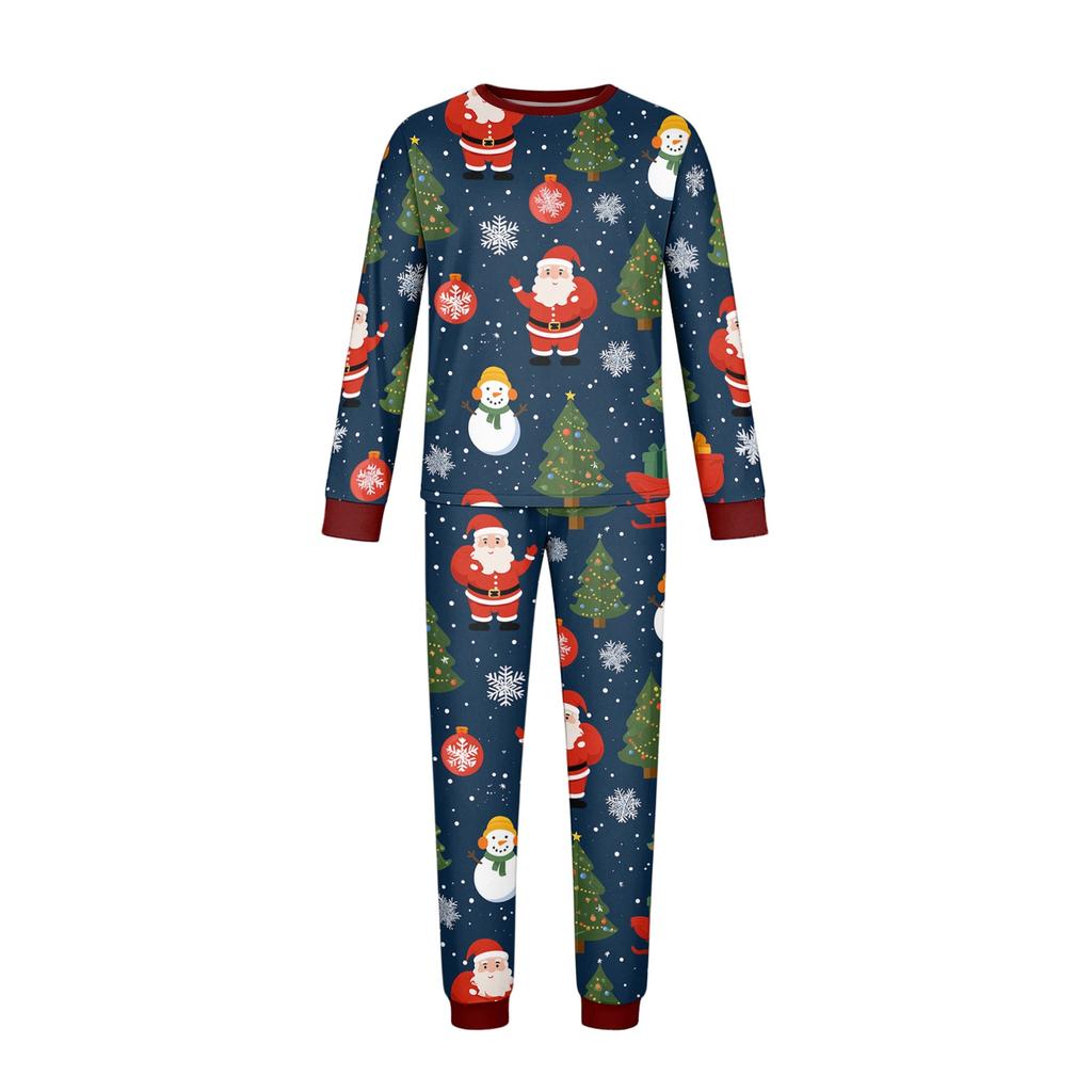 Family Matching Christmas Print Pajama Set Long Sleeve Neck Top and Pants for Parents and Kids