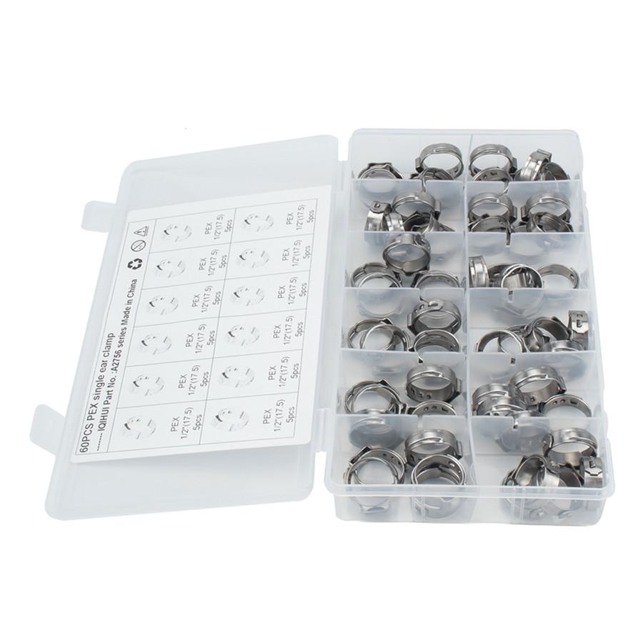 60PCS Single Ear Stainless Steel Car Hydraulic Hose Clamps O-Clips Pipe Fuel Air Pipe Clamp 1/2" with Pliers Tool