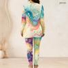Women Plus Size Black Teal Gold Printed Two Piece Set Round Neck Long Sleeve Longline Top And Fitted Pants