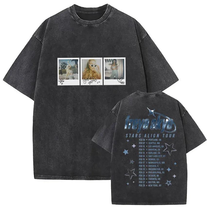 Zpěvačka Freya Skye Stars Align Tour 2026 Vintage Prané Trička Pánské Dámské Letní Estetické Oblečení Hip-hop Oversized Tričko