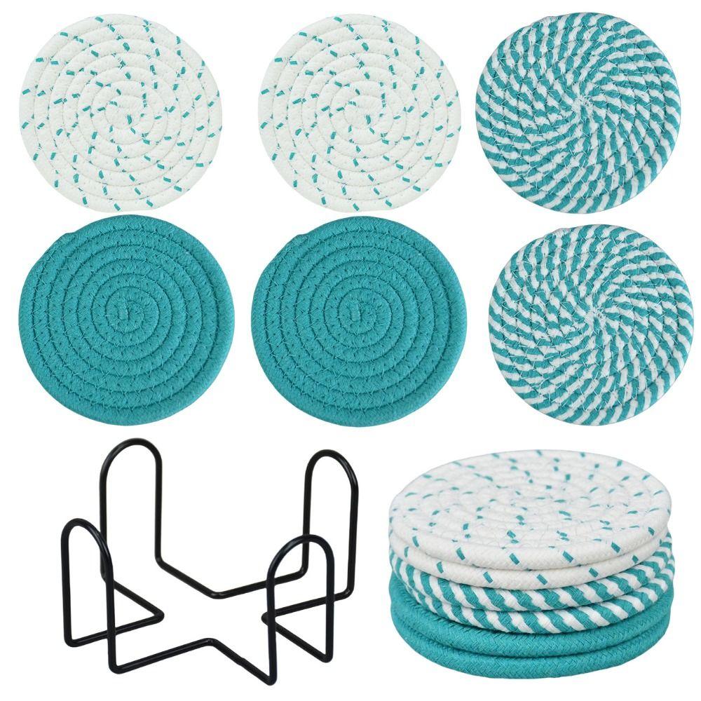 6Pcs Heat-resistant Woven Round  Coaster Set with Holder Tableware Mat Cup Coaster  Household