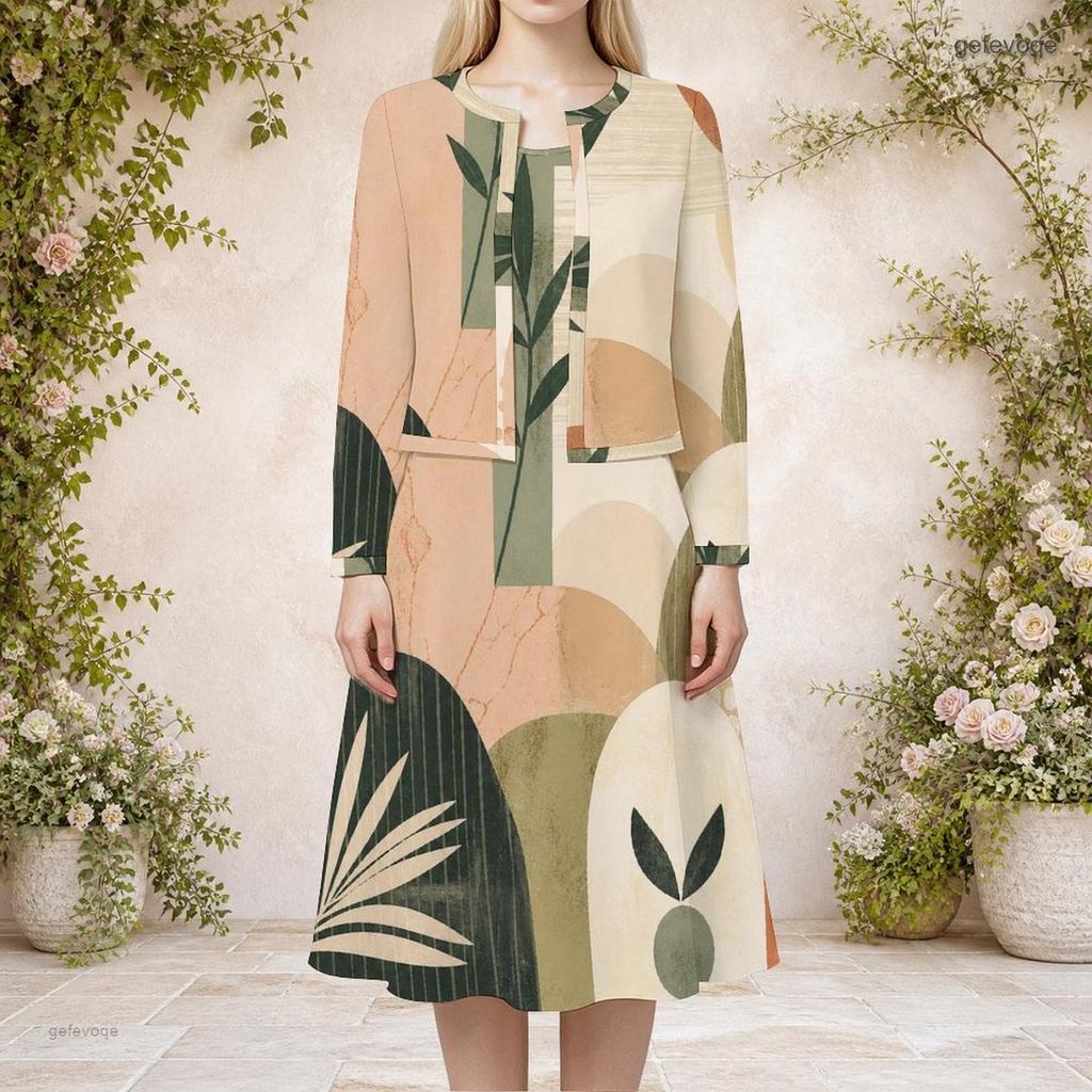 Women Plus Size Printed Round Neck Long Sleeve Cardigan Sleeveless Long Dress Two Piece Set