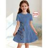 Dress for Girls Fashion Cowboy Print Fake Two-Piece Set Short Sleeve Summer Dresses Casual Round Neck A-Line Dress Girl Clothes