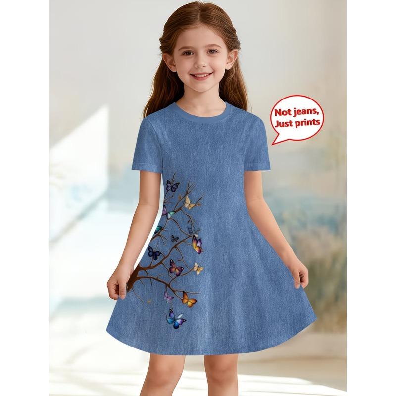 Dress for Girls Fashion Cowboy Print Fake Two-Piece Set Short Sleeve Summer Dresses Casual Round Neck A-Line Dress Girl Clothes