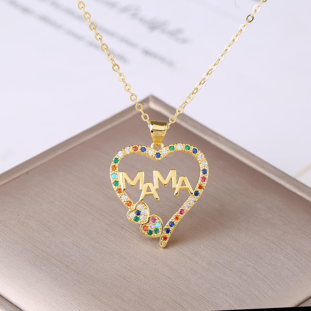 Gold-Plated Colored Zircon Heart Shape MAMA Pendant Necklace Fashion for Women Mom Party Birthday Jewelry Mother's Day Gift