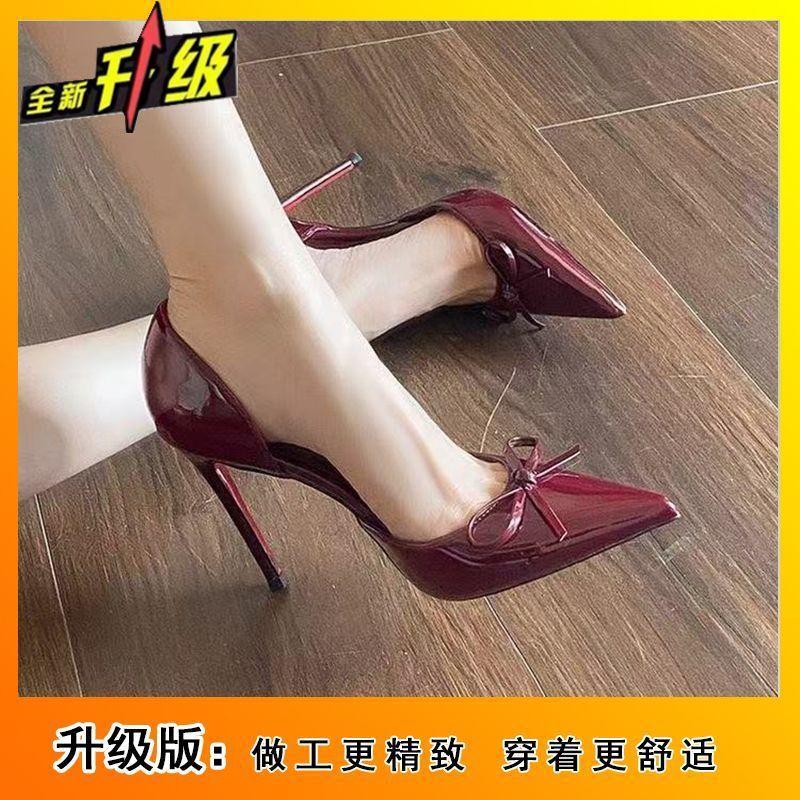 Thin heel pointed head women's versatile bow sexy women's single shoes side empty high heels